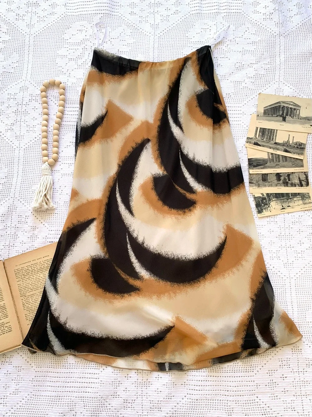 Vintage Abstract Print Maxi Skirt / Vintage Brown & Cream Flowy Skirt